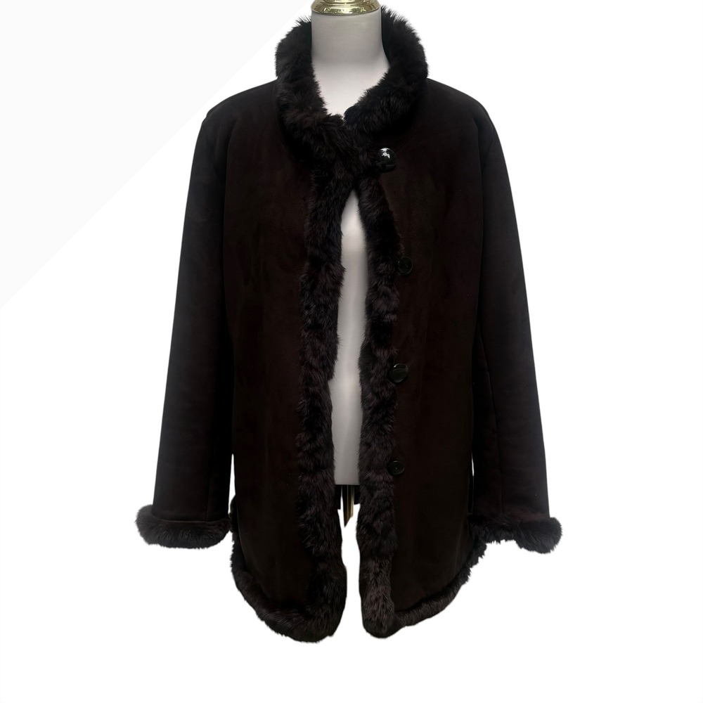 Dana Buchman Faux Suede Coat L Brown Genuine Fur Trim Winter Jacket Luxe Elegant - Picture 4 of 15